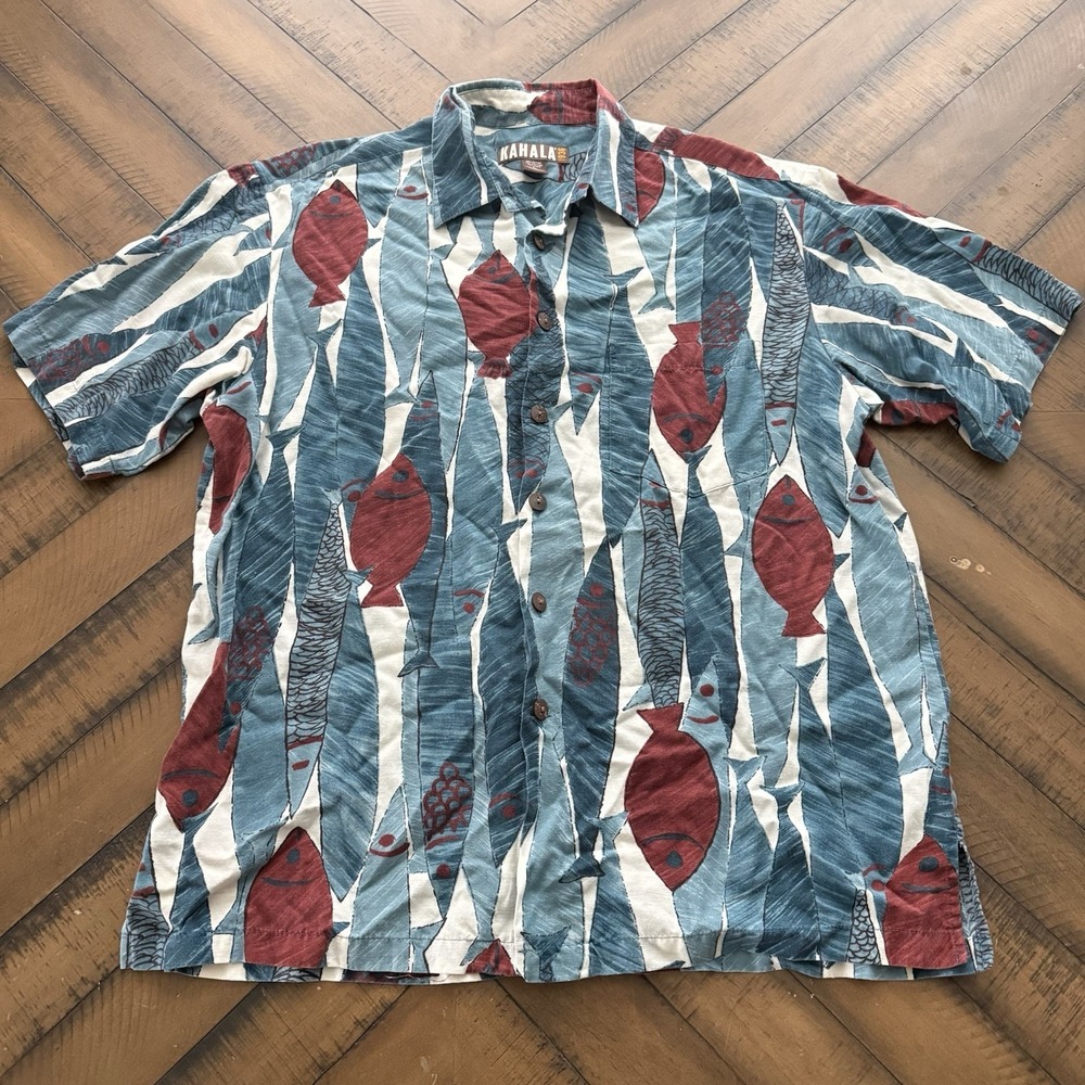 Kahala 1936 Hawaiian Shirt Mens Size Large Fish Print Short Sleeve Button Up